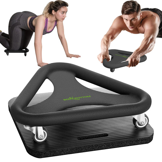 BODY RHYTHM Abdominal & Core Coaster Strength Workout Trainer Ab Wheel Roller Exercise Machine with Knee Mat for Home Gym Workout Fitness. (Black)