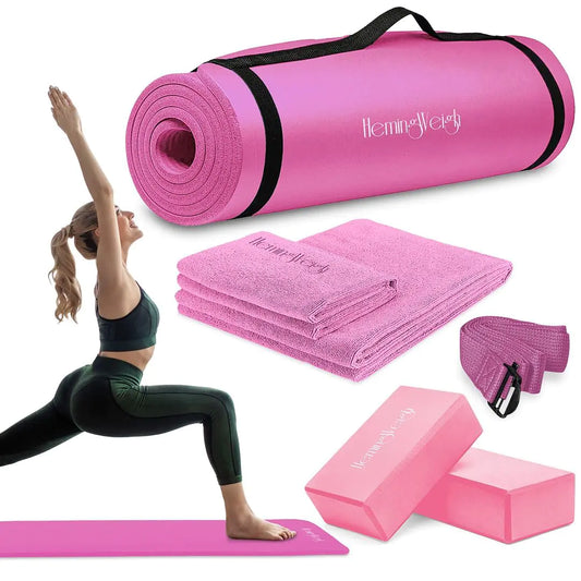 HemingWeigh pink yoga mat set yoga kit 1/2 Inch Thick yoga mat pink style with pink accessories